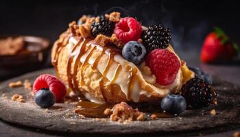 A homemade stack of sweet waffles with whipped cream indulgence generated by AI photo