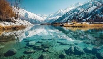 tranquilo escena de congelado montaña pico reflejado en glacial agua generado por ai foto