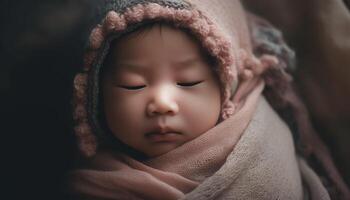 Cute newborn boy sleeping peacefully wrapped in soft blanket indoors generated by AI photo