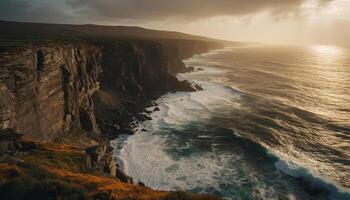 Majestic cliff, eroded by waves, creates awe inspiring seascape beauty generated by AI photo