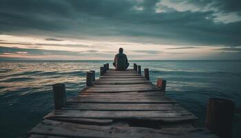 Sitting on the jetty, one person finds solitude in nature generated by AI photo