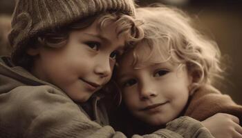 dos linda caucásico Niños abrazando en naturaleza, sonriente con alegría generado por ai foto