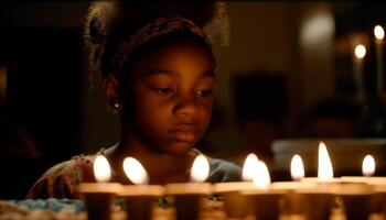 africano niña medita en luz de una vela, hallazgo alegría y tranquilidad generado por ai foto