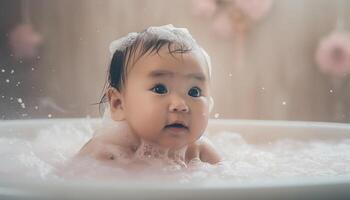 un linda caucásico bebé disfrutando un burbuja bañera con la risa generado por ai foto