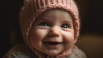 A joyful toddler in a knit hat smiles toothily outdoors generated by AI photo