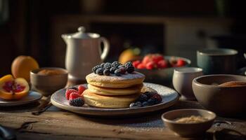 A stack of homemade blueberry pancakes with raspberry syrup pouring generated by AI photo