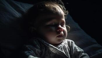 Cute baby boy sleeping peacefully on a tranquil black blanket generated by AI photo