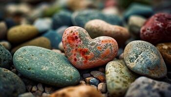 Love symbol in stone material, heart shaped pebble on nature heap generated by AI photo