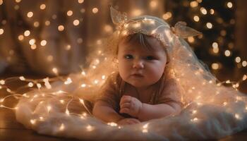 A cheerful newborn baby girl playing with a cute toy generated by AI photo