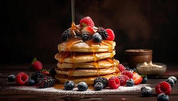 A homemade blini stack with raspberry syrup and fresh berries generated by AI photo