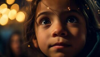Cute toddler enjoys Christmas lights, smiling and looking up joyfully generated by AI photo