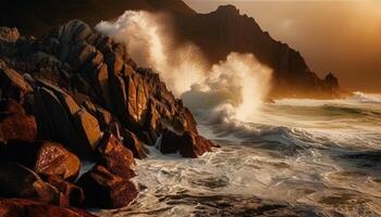 Rough waves crash against majestic cliffs at dusk, idyllic adventure generated by AI photo