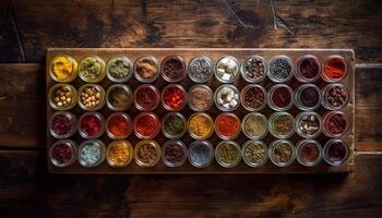 A rustic wooden bowl holds a colorful spice collection generated by AI photo