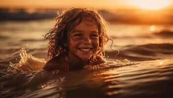 uno persona, un linda niño, disfruta juguetón nadando al aire libre generado por ai foto