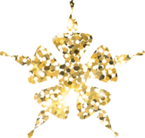 Snowflake shiny gold glitter shape design element. Golden color dust texture form for holiday decoration, flyer, poster, greeting card, background, wallpaper. Shiny paint form Birthday illustration. png