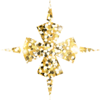 Snowflake shiny gold glitter shape design element. Golden color dust texture form for holiday decoration, flyer, poster, greeting card, background, wallpaper. Shiny paint form Birthday illustration. png