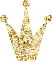 Crown shiny gold glitter shape design element. Golden color dust texture form for holiday decoration, flyer, poster, greeting card, background, wallpaper. Shiny paint form Birthday illustration. png