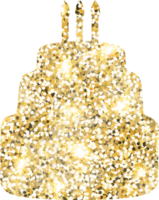 Cake shiny gold glitter shape design element. Golden color dust texture form for holiday decoration, flyer, poster, greeting card, background, wallpaper. Shiny paint form Birthday illustration. png
