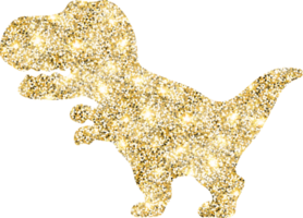 Dinosaur shiny gold glitter shape design element. Golden color dust texture dino for holiday decoration, flyer, poster, greeting card, background, wallpaper. Shiny paint form Birthday illustration. png