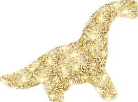 Dinosaur shiny gold glitter shape design element. Golden color dust texture dino for holiday decoration, flyer, poster, greeting card, background, wallpaper. Shiny paint form Birthday illustration. png