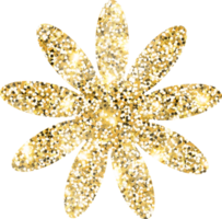 blomma skinande guld glitter form design element. gyllene Färg damm textur daisy för Semester dekoration, flygblad, affisch, hälsning kort, bakgrund, tapet. skinande måla form födelsedag illustration. png