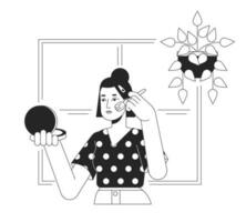 Girl doing makeup bw concept vector spot illustration. Asian girl looking at mirror 2D cartoon flat line monochromatic character for web UI design. Beauty routine editable isolated outline hero image