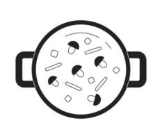 Top view on vegetables in pot monochrome flat vector object. Boiling soup. Editable black and white thin line icon. Simple cartoon clip art spot illustration for web graphic design