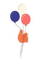 Red white and blue balloons holding semi flat colorful vector hand. Independence day america. Patriotism party. Editable clip art on white. Simple cartoon spot illustration for web graphic design