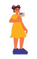 Young hispanic girl holding american flag semi flat colorful vector character. Patriotic 4th of july kid. Editable full body person on white. Simple cartoon spot illustration for web graphic design