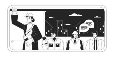 Commuters in metro wagon bw concept vector spot illustration. People sitting near illumination 2D cartoon flat line monochromatic character for web UI design. Editable isolated outline hero image