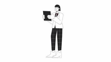 Female office worker bw animation. Animated character woman with paperwork in suit. Monochrome 2D flat outline cartoon 4K video, white background, alpha channel transparency for web design video