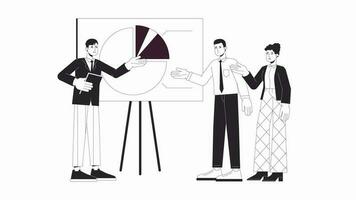 Brainstorming group bw animation. Animated characters teammates with board presentation. Monochrome 2D flat outline cartoon 4K video, white background, alpha channel transparency for web design video