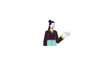 Frau empfehlen Meinung Animation. animiert Karikatur asiatisch weiblich Büro Arbeiter. isoliert Farbe eben Linie 2d Charakter 4k Video Filmaufnahme, Weiß Hintergrund, Alpha Kanal Transparenz zum Netz Design