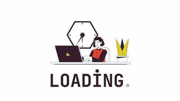 Female employee loader animation. Office worker typing on laptop at desk. Flash message 4K video. Isolated outline colour loading animation with alpha channel transparency for UI, UX web design video