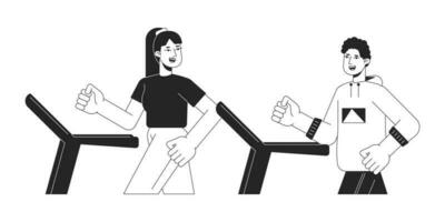 Sportsmen in gym flat line black white vector characters. Editable outline half body people on treadmill on white. Everyday activity simple cartoon isolated spot illustration for web graphic design