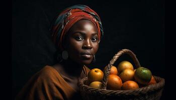 African woman holding fresh fruit basket, radiating happiness and confidence generated by AI photo