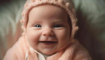 linda bebé niña sonriente con inocencia, trayendo alegría y belleza generado por ai foto