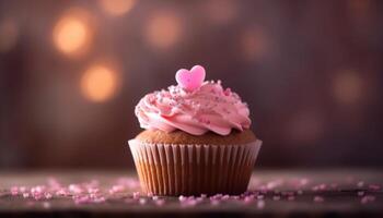 Cute heart shaped cupcakes with pink icing, perfect for celebrations generated by AI photo