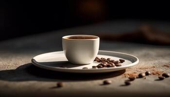 A hot, frothy cappuccino on a rustic coffee table generated by AI photo