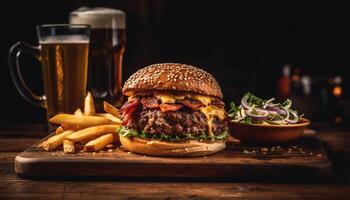 Grilled cheeseburger and fries, a classic American pub meal generated by AI photo