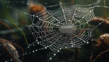 Spooky spider web traps dew drops in autumn forest meadow generated by AI photo