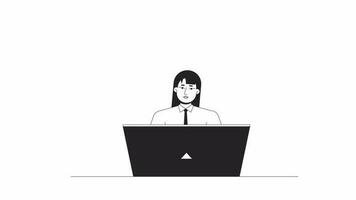 Female receptionist bw animation. Animated character office worker laptop. Secretary. Monochrome 2D flat outline cartoon 4K video, white background, alpha channel transparency for web design video