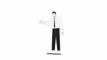 Salesperson presenting bw animation. Animated character confident salesman pointing. Monochrome 2D flat outline cartoon 4K video, white background, alpha channel transparency for web design video