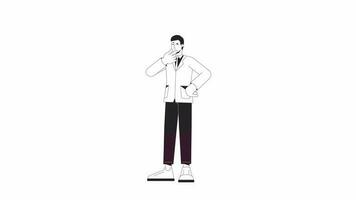Pensive businessman bw animation. Animated character business man expression. Entrepreneur. Monochrome 2D flat outline cartoon 4K video, white background, alpha channel transparency for web design video