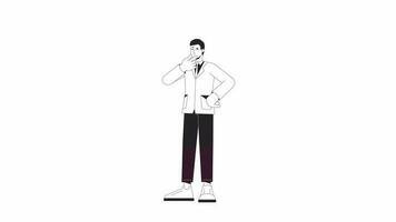 pensif homme d'affaire bw animation. Animé personnage affaires homme expression. entrepreneur. monochrome 2d plat contour dessin animé 4k vidéo, blanc arrière-plan, alpha canal transparence pour la toile conception video