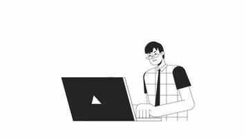 Office worker laptop bw animation. Animated character man looking computer screen. Monochrome 2D flat outline cartoon 4K video, white background, alpha channel transparency for web design video