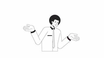 Confused clerk man bw animation. Animated character smiling afro hair man. Doubt gesture. Monochrome 2D flat outline cartoon 4K video, white background, alpha channel transparency for web design video