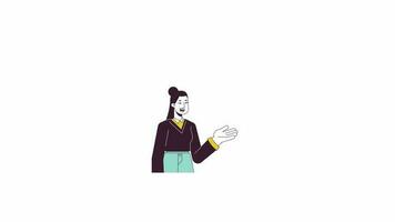 Girl giving explanation animation. Animated cartoon confident business woman. Isolated colour flat line 2D character 4K video footage, white background, alpha channel transparency for web design