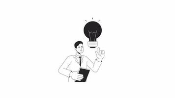 Entrepreneur lightbulb bw animation. Animated character man with inspiration thoughts. Monochrome 2D flat outline cartoon 4K video, white background, alpha channel transparency for web design video