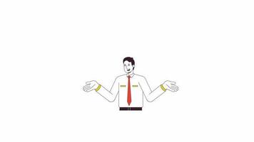 Verkäufer erklären Animation. animiert Karikatur männlich Lautsprecher reden. isoliert Farbe eben Linie 2d Charakter 4k Video Filmaufnahme, Weiß Hintergrund, Alpha Kanal Transparenz zum Netz Design